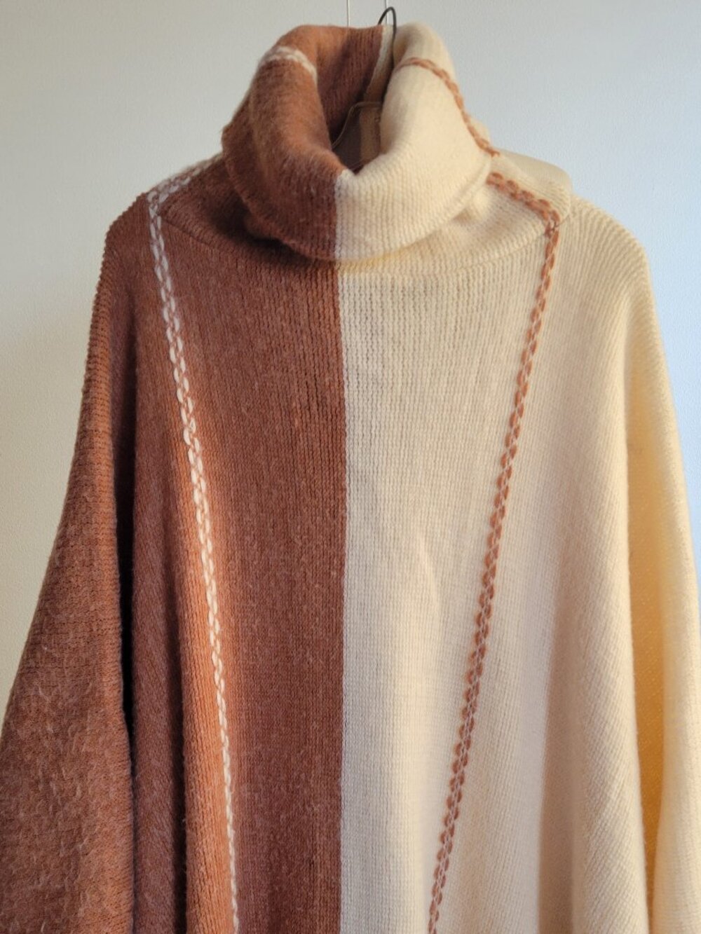 NWOT Free People Park Slope Knit Poncho | Rust & Cream Colorblock | One Size